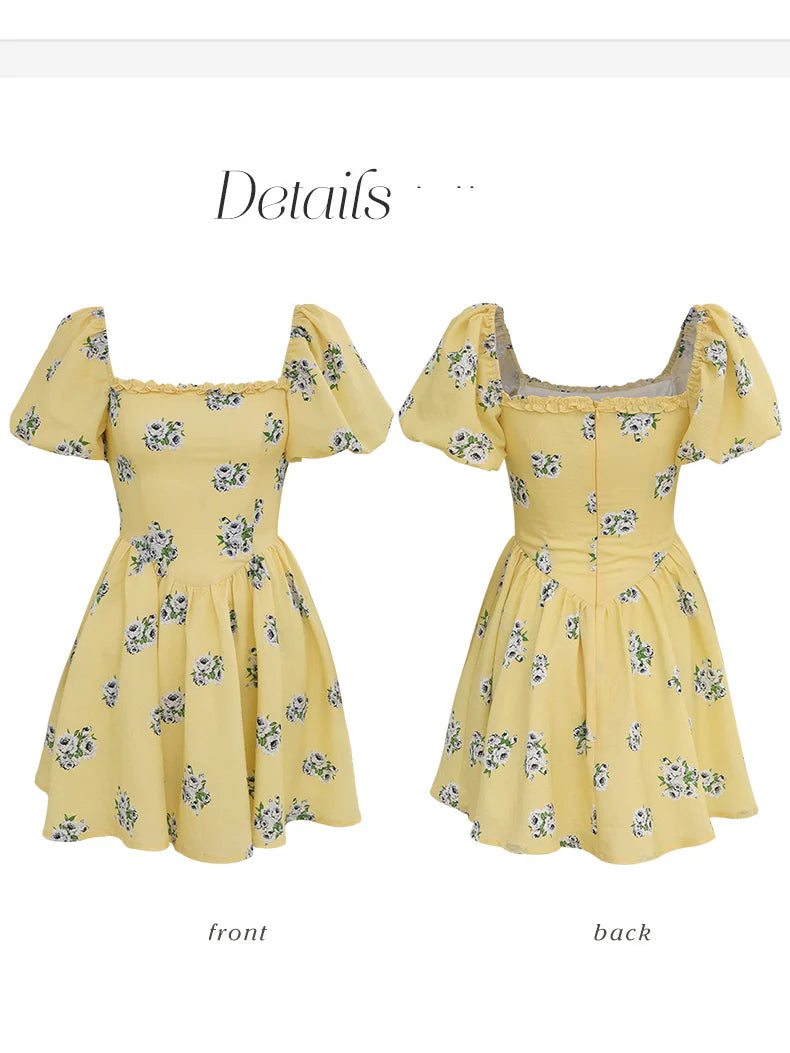 Sunlit Meadow Floral Puff-Sleeve Coquette Dress
