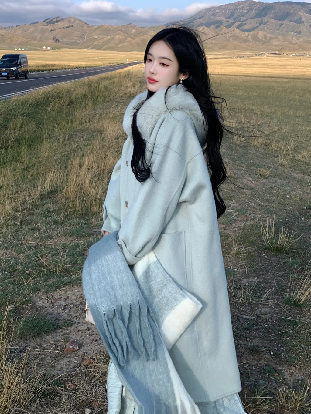 Fur Collar Wool Double-Breasted Coat