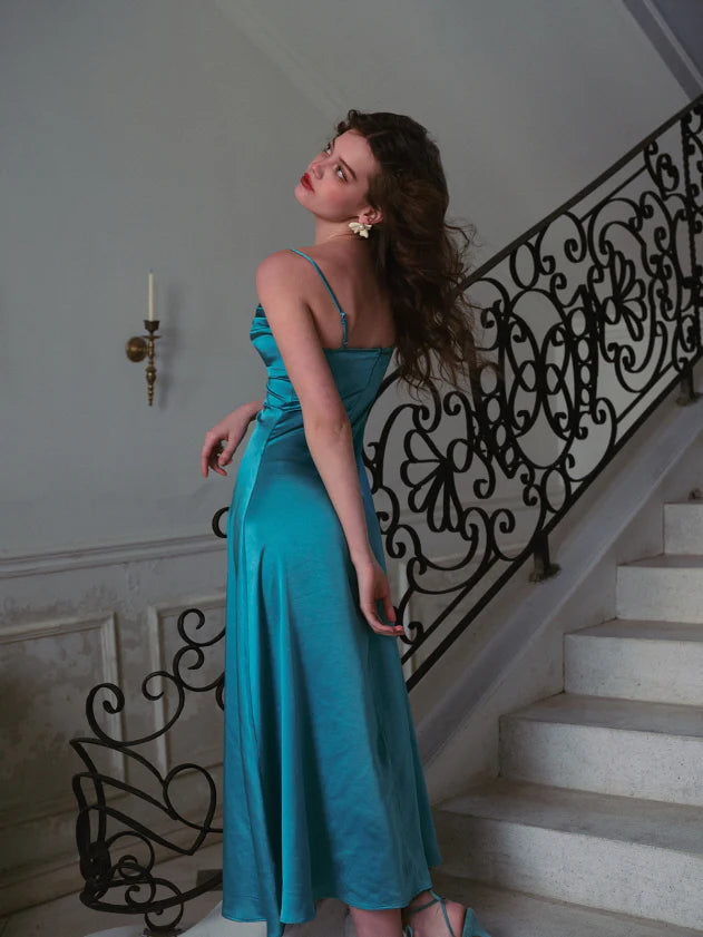 Turquoise Moonlit Satin Jewel Dress