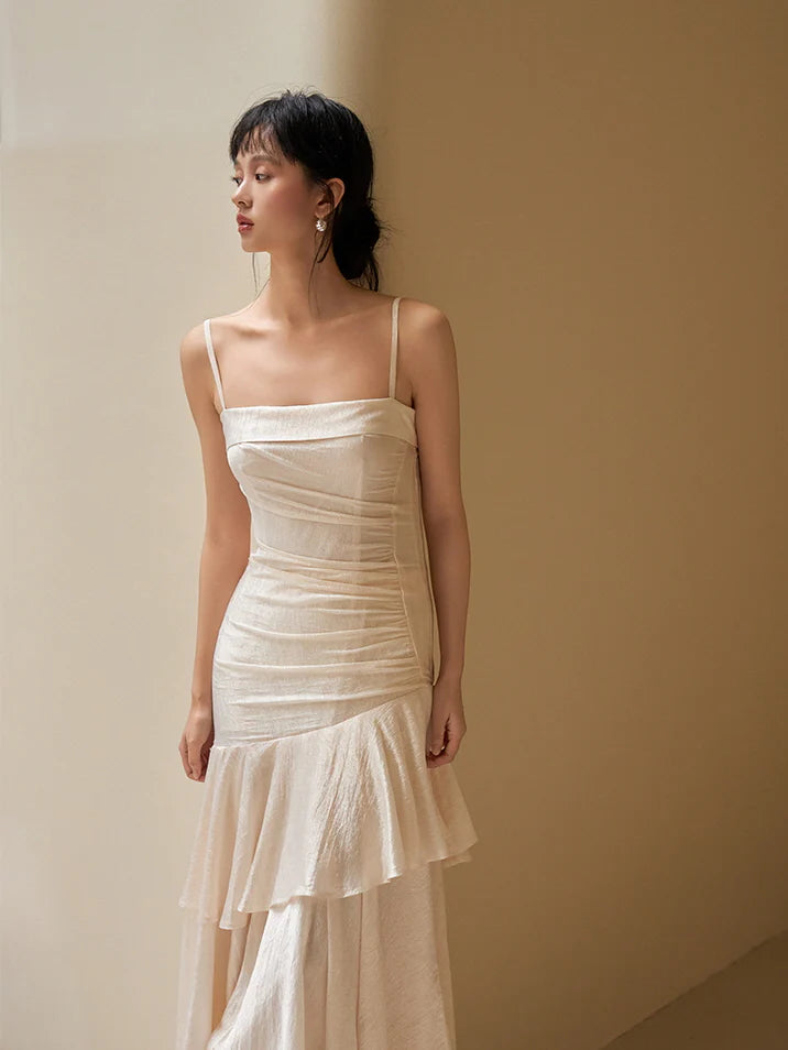 Lustrous Asymmetrical Ruffle Slip Dress