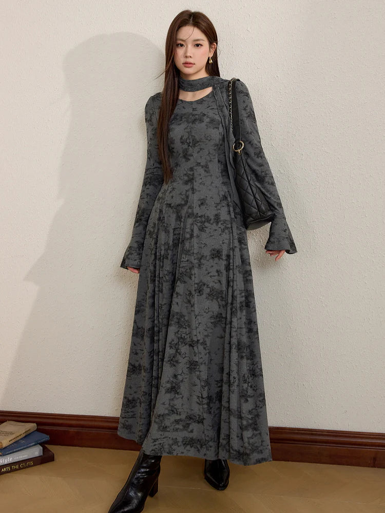 Smoky Marble Flow Dress with Scarf Accent