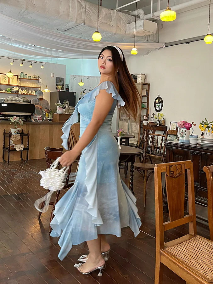 Sky Ruffle Mesh Dress with Bow