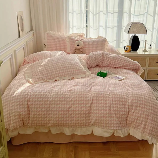 Pink Velvet Check Ruffled Bedding Set