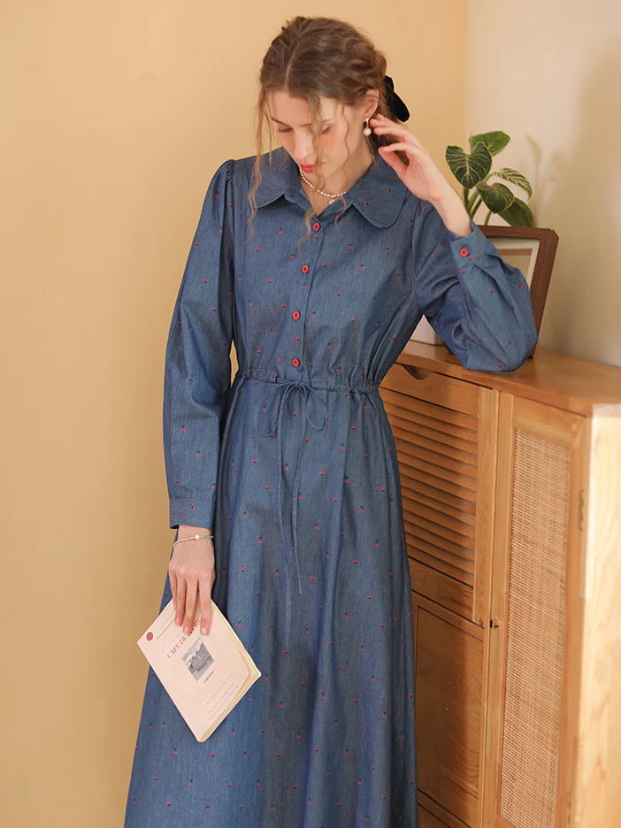 Cherry Embroidered Blue Cotton Dress