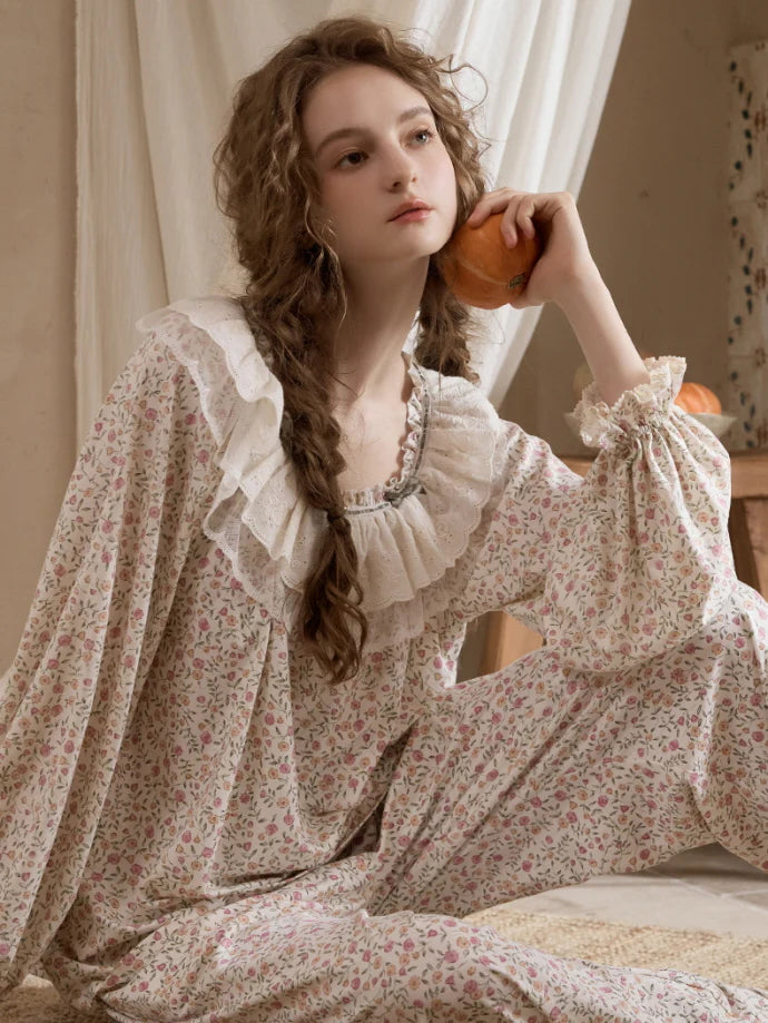 Vintage Floral Lace Collar Pajama Set