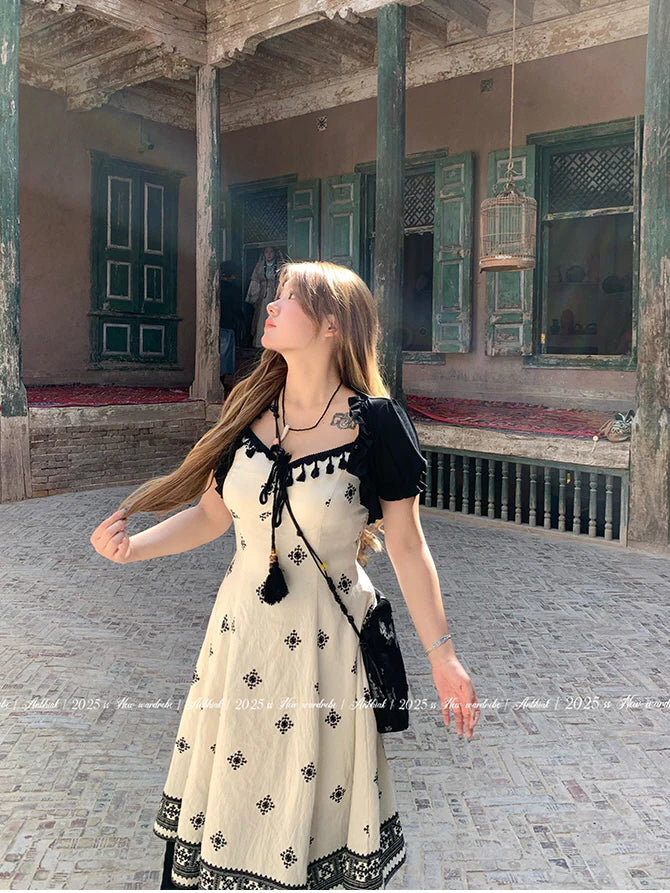 Black Tassel Embroidery Layered Dress