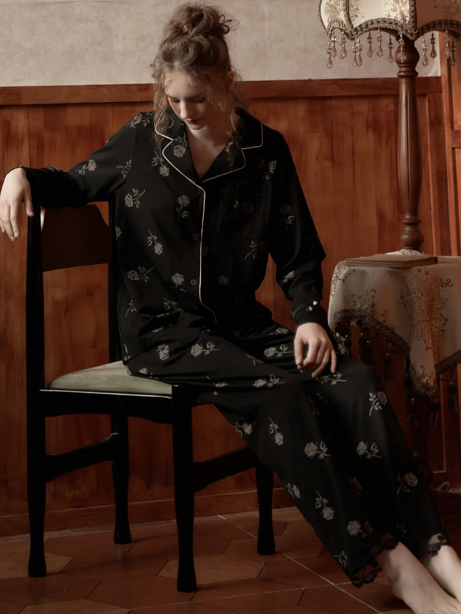 Vintage Rose Embroidered Pajama Set