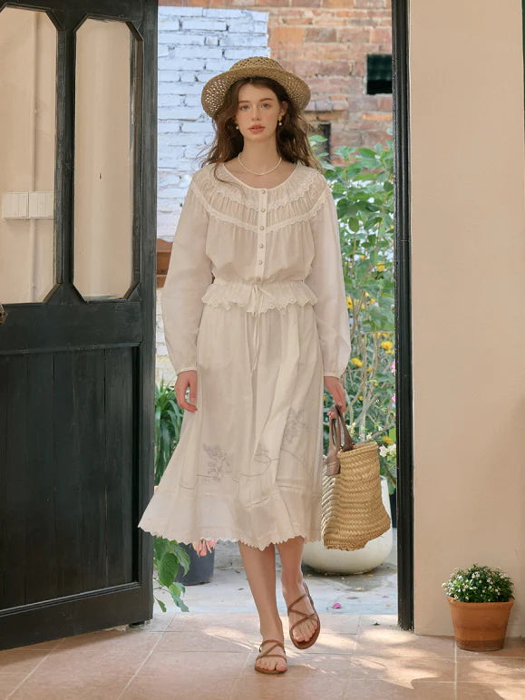 Cotton Vintage Embroidery Blouse & Skirt