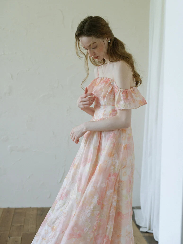 Peach Blossom Off-Shoulder Ruffle Dress