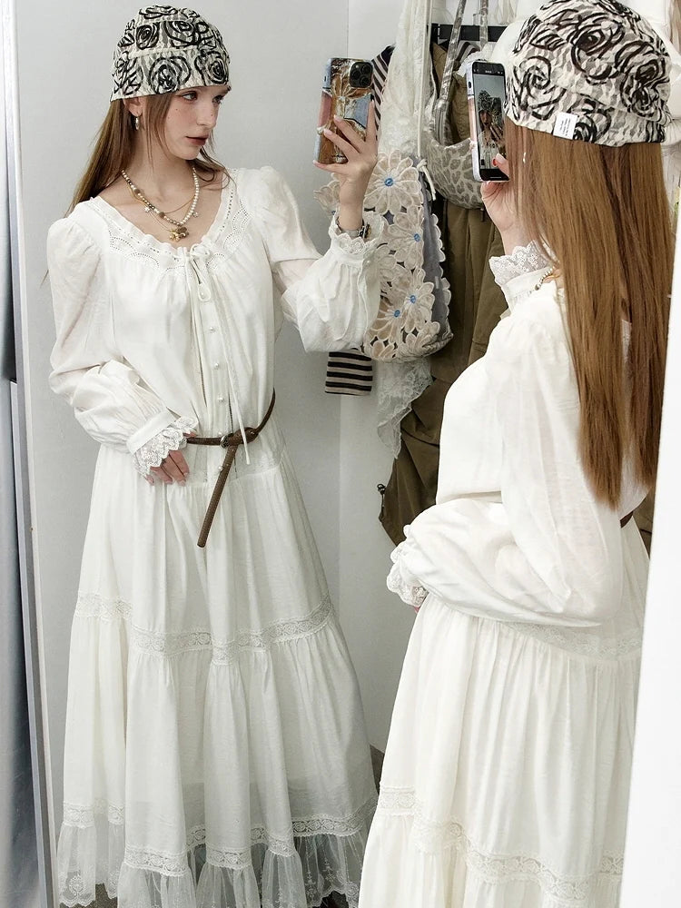 Ethereal Lace Trim Tiered Long Dress