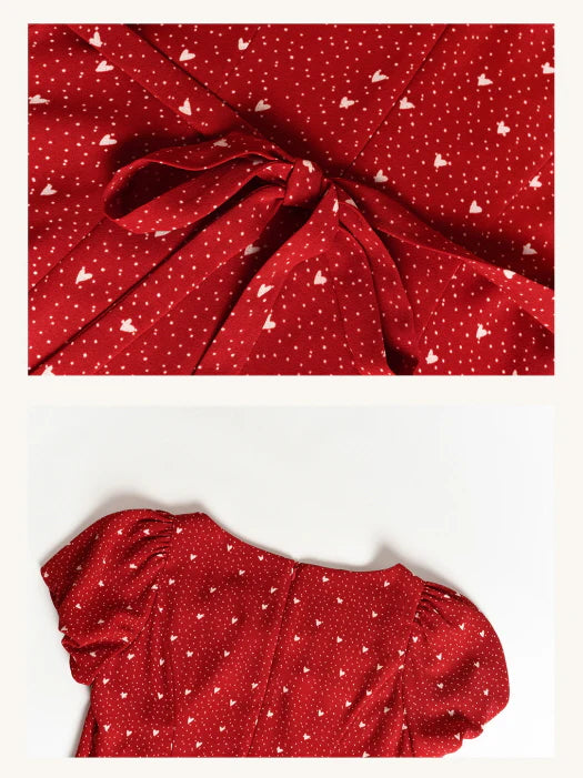 Lace Trim Retro Red Dress with Puff Sleeves