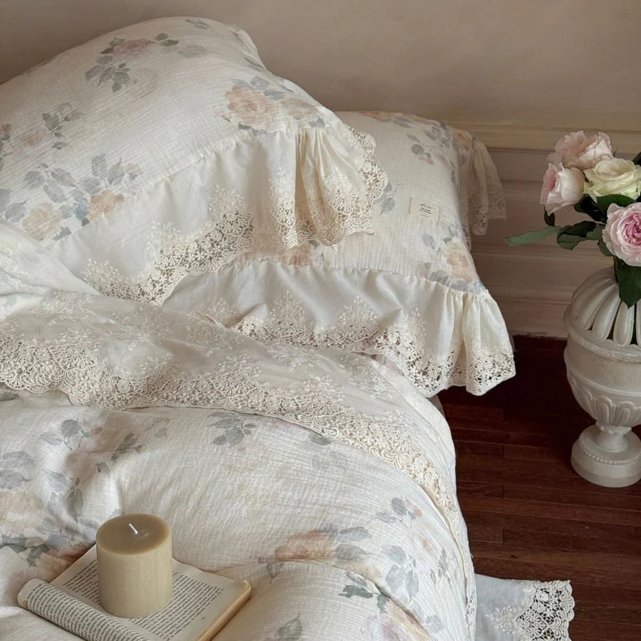 Vintage Rose Lace Trim Bedding Set