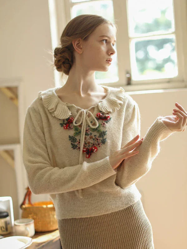 Frilled Collar Floral Embroidered Sweater