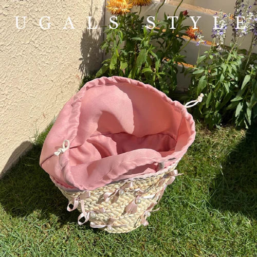 Summer Vacation Straw Ribbon Tote Bag