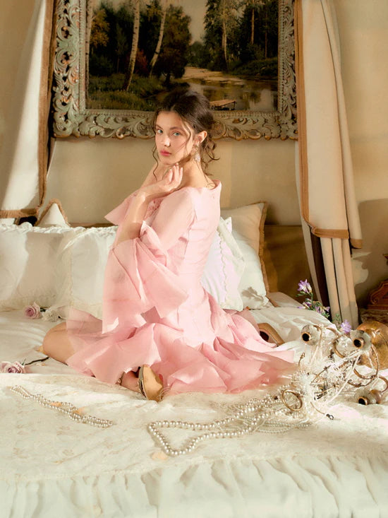 Rosy Flare Sleeve Coquette Dress