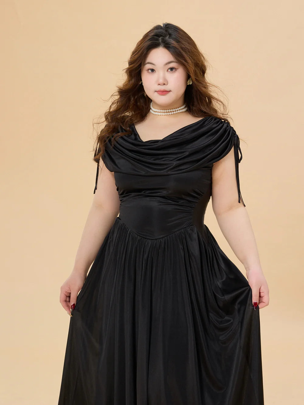 Midnight Satin Plus Size Dress with Draped Shoulders