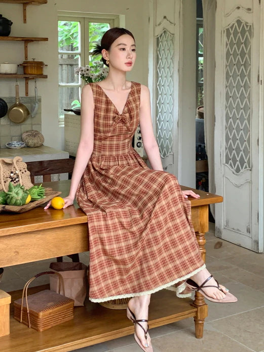 Summer Red Plaid Ribbon Dress