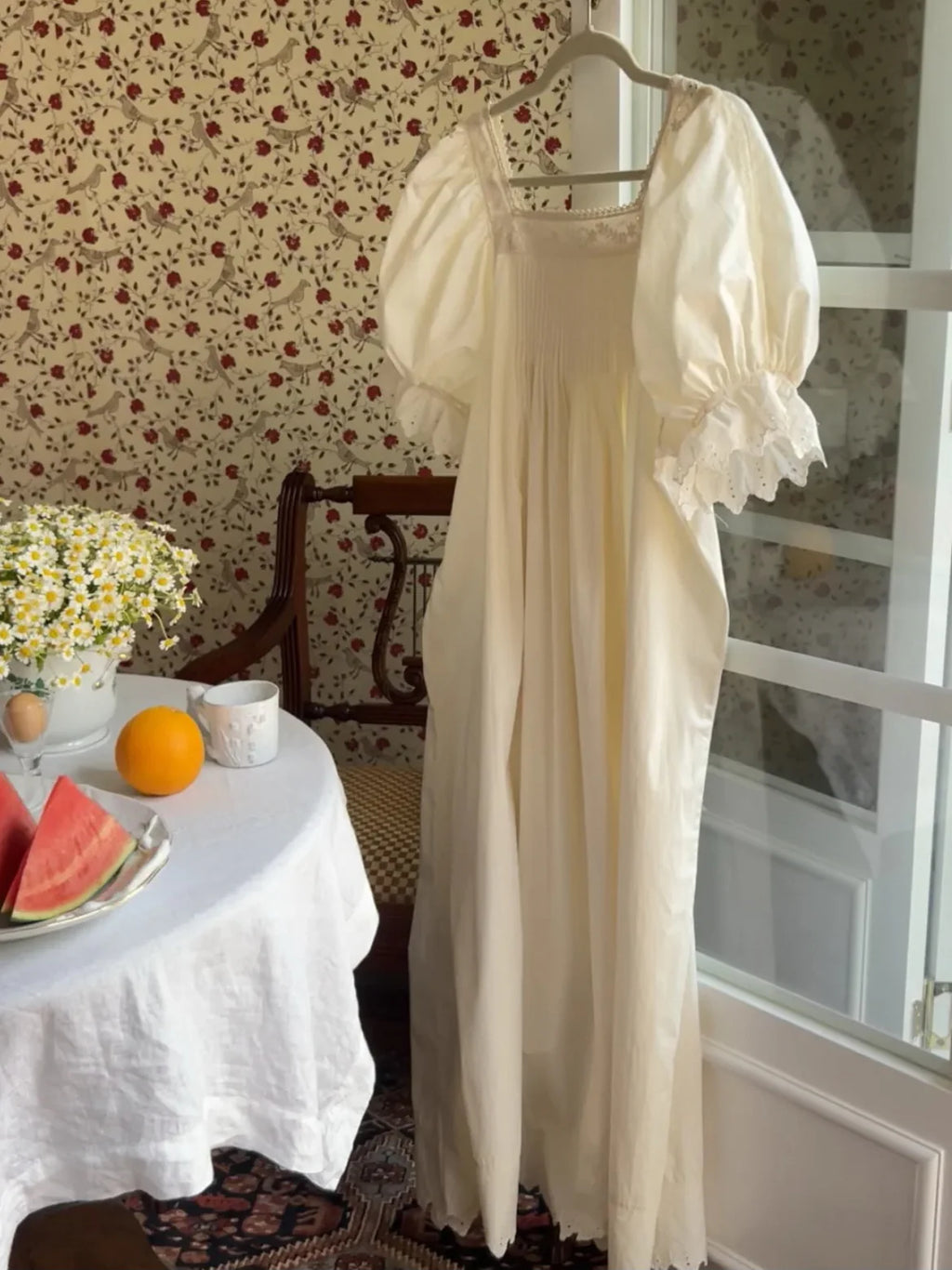 Square Neck Pintuck Cotton Nightgown