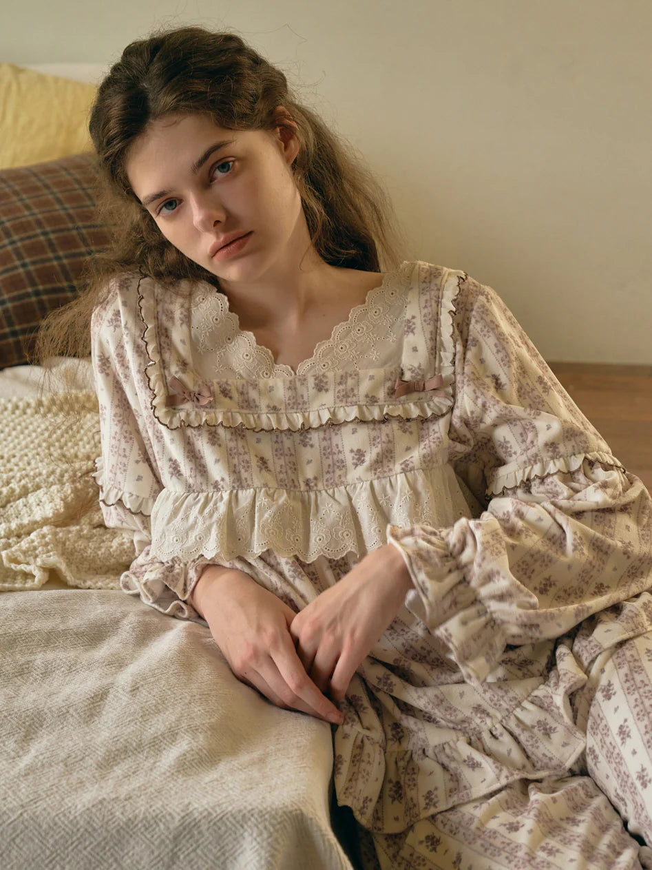 Brown Ribbon Lace Flannel Pajama Set