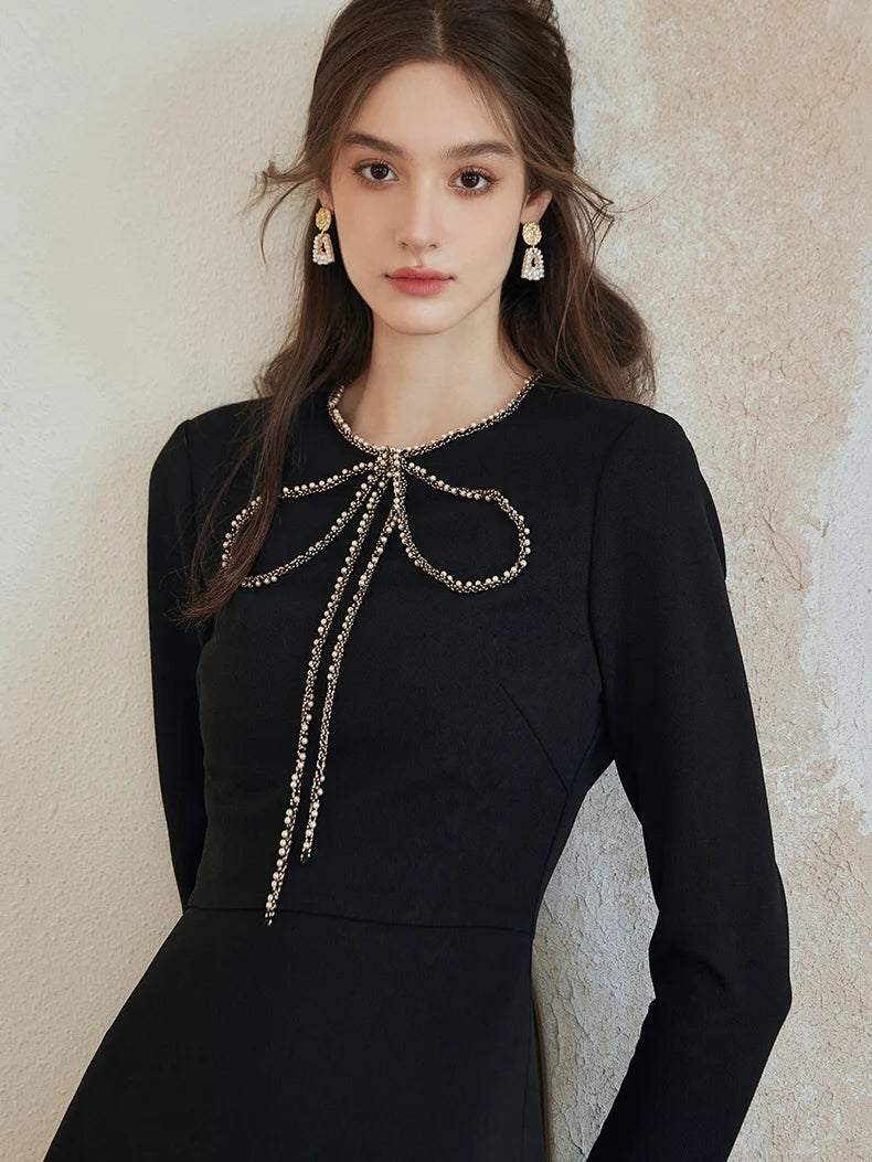 Elegant Black Bow Crystal Accent Dress