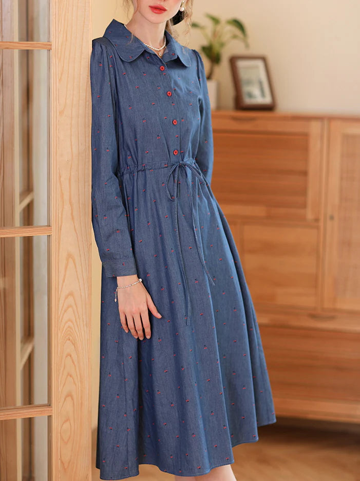 Cherry Embroidered Blue Cotton Dress