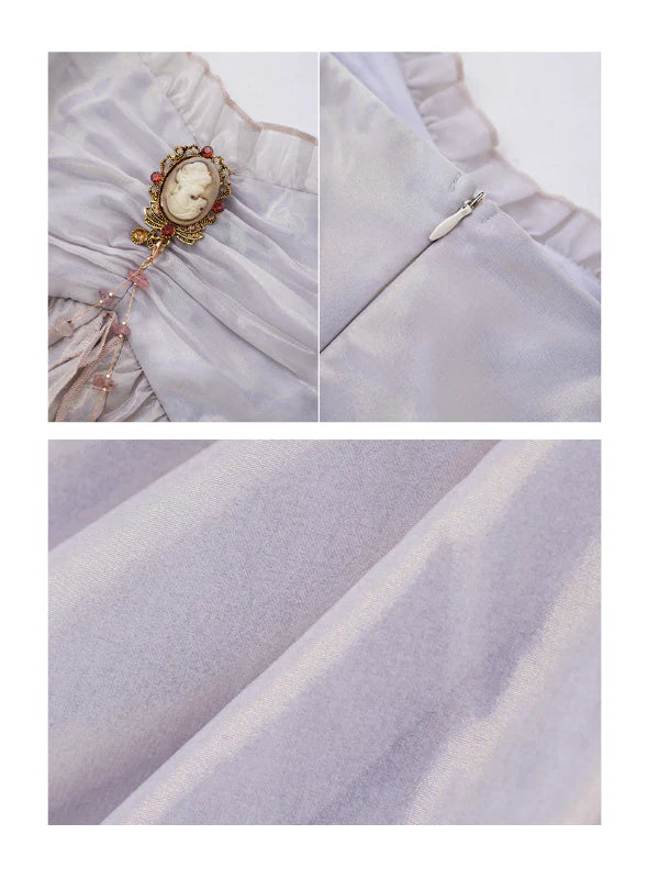 Vintage Brooch Elegance Ruffled Gown