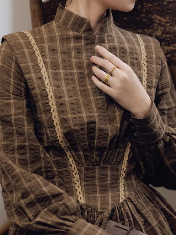 Victorian Plaid High-Neck Lace Trim Dress