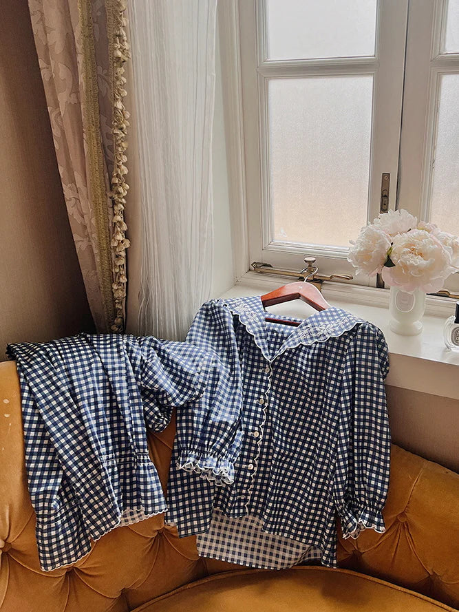 Navy Gingham Lace Collar Pajama Set