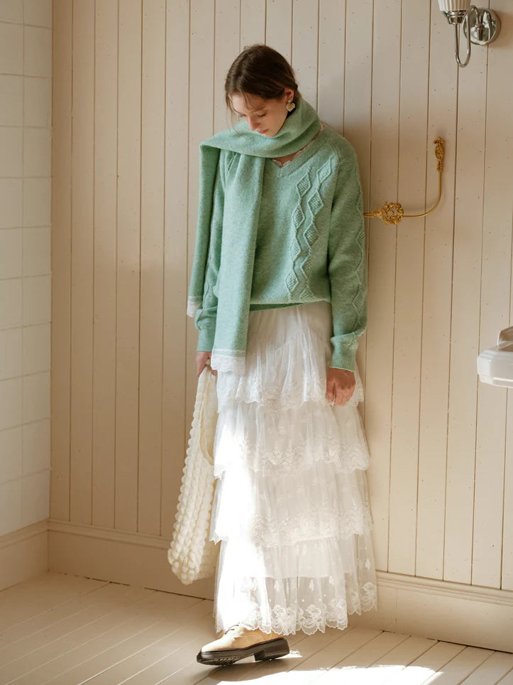 Pastel Lace-Trim Knit Sweater & Scarf