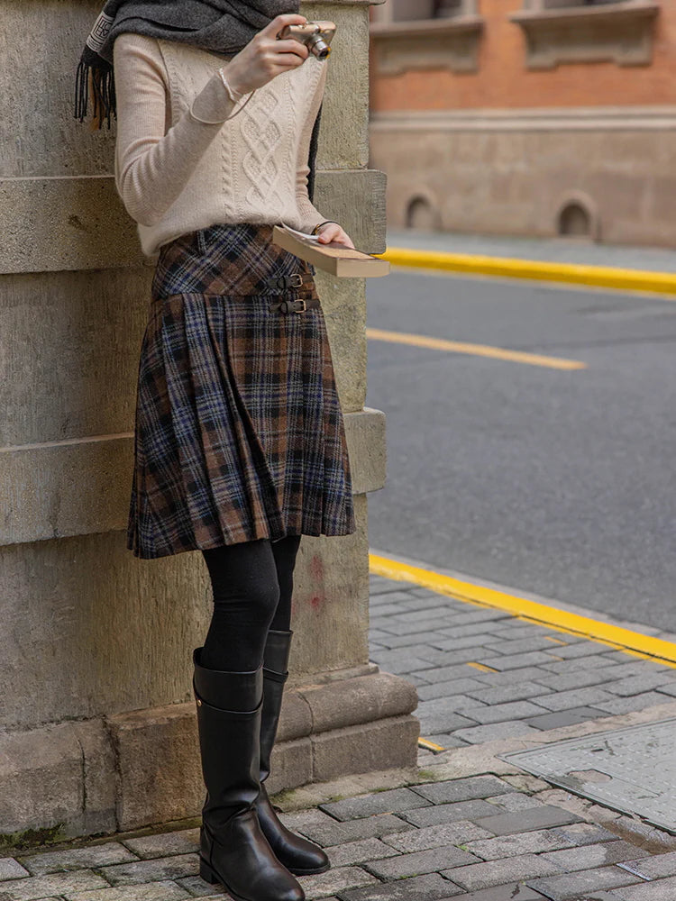Vintage Wool Plaid Buckle Blue Checkered Skirt