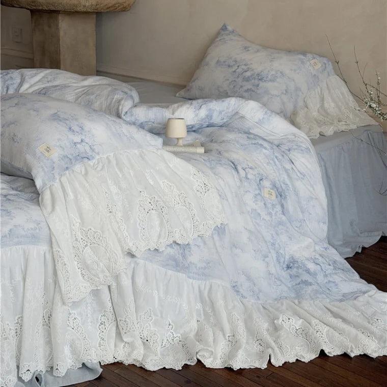 Watercolor Blue Lace Ruffle Bedding Set
