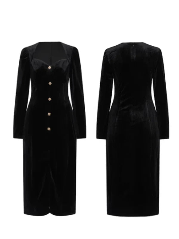 Elegant Black Velvet Dress with Gold Accents