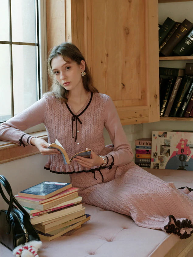 Ribbon Trim Ruffle Knit Cardigan