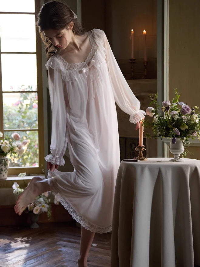 Ethereal Lace-Embroidered Long Nightdress