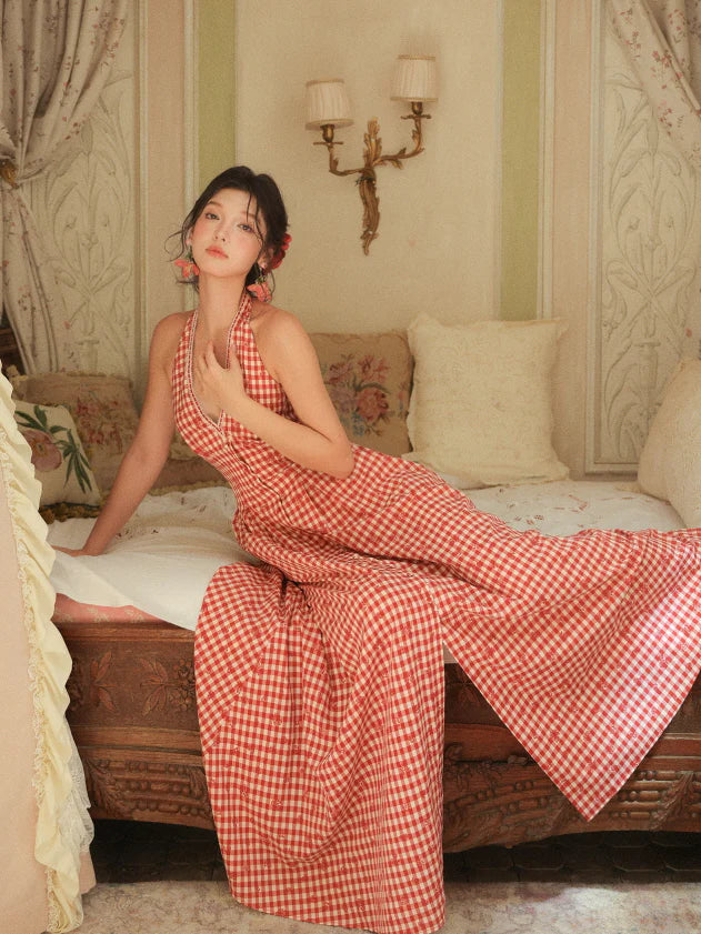 Romantic Gingham Red Check Halter Dress