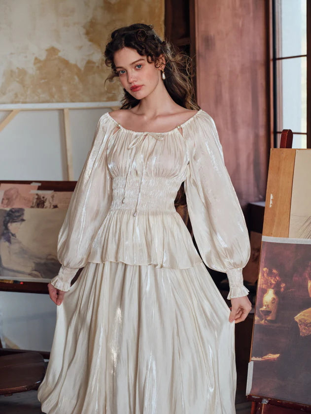 Pearl Ribbon Shirred Ivory Blouse