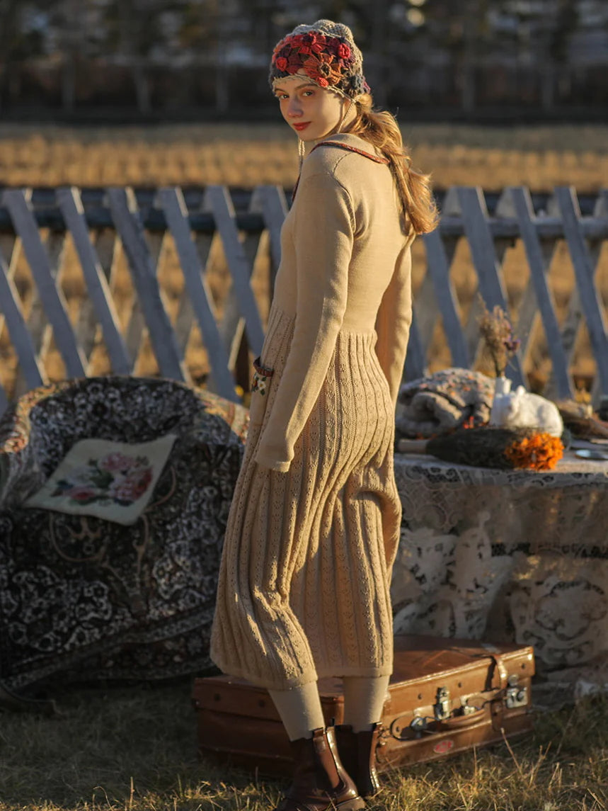 Warm Beige Elegance Floral Knit Dress