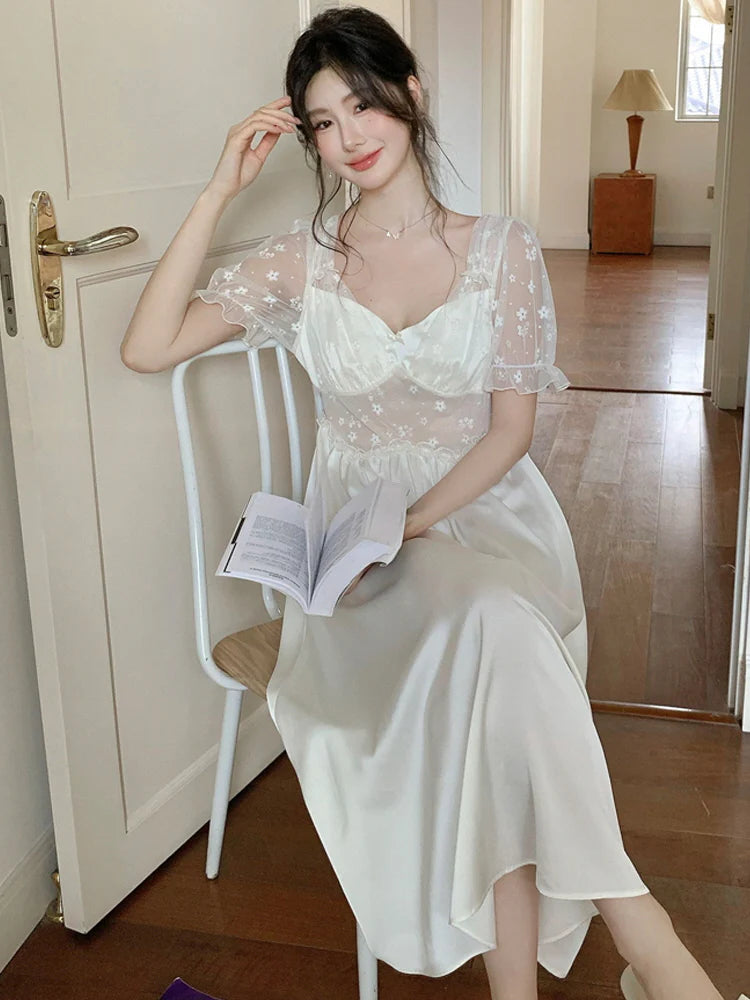 Blush Petal Embroidered Mesh Nightdress