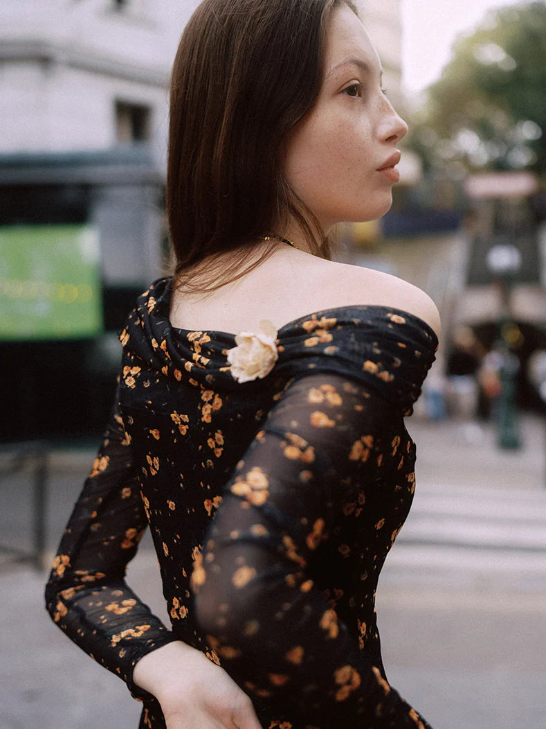 Midnight Blossom Off-Shoulder Mesh Dress