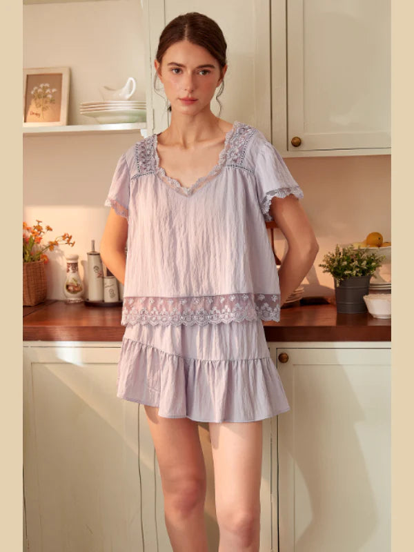 Lavender Lace Trim Two-Piece Loungewear Set