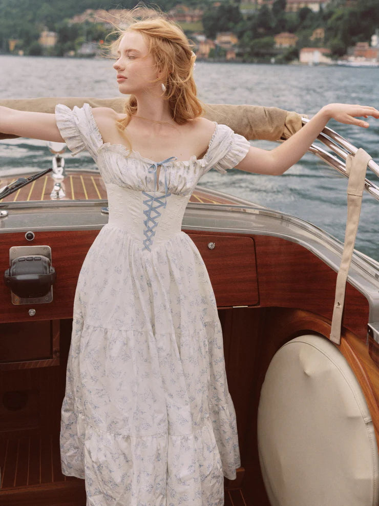 Blue Toile Vintage Lace-Up Cottagecore Dress