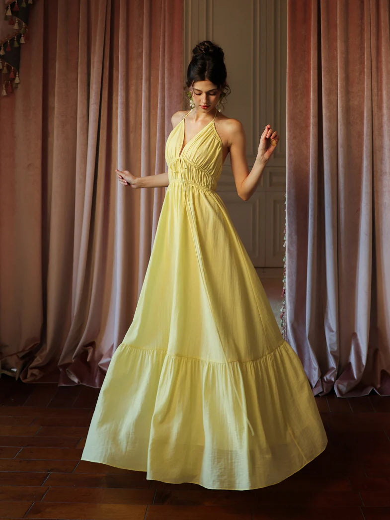 Lemon Bloom Backless Maxi Dress