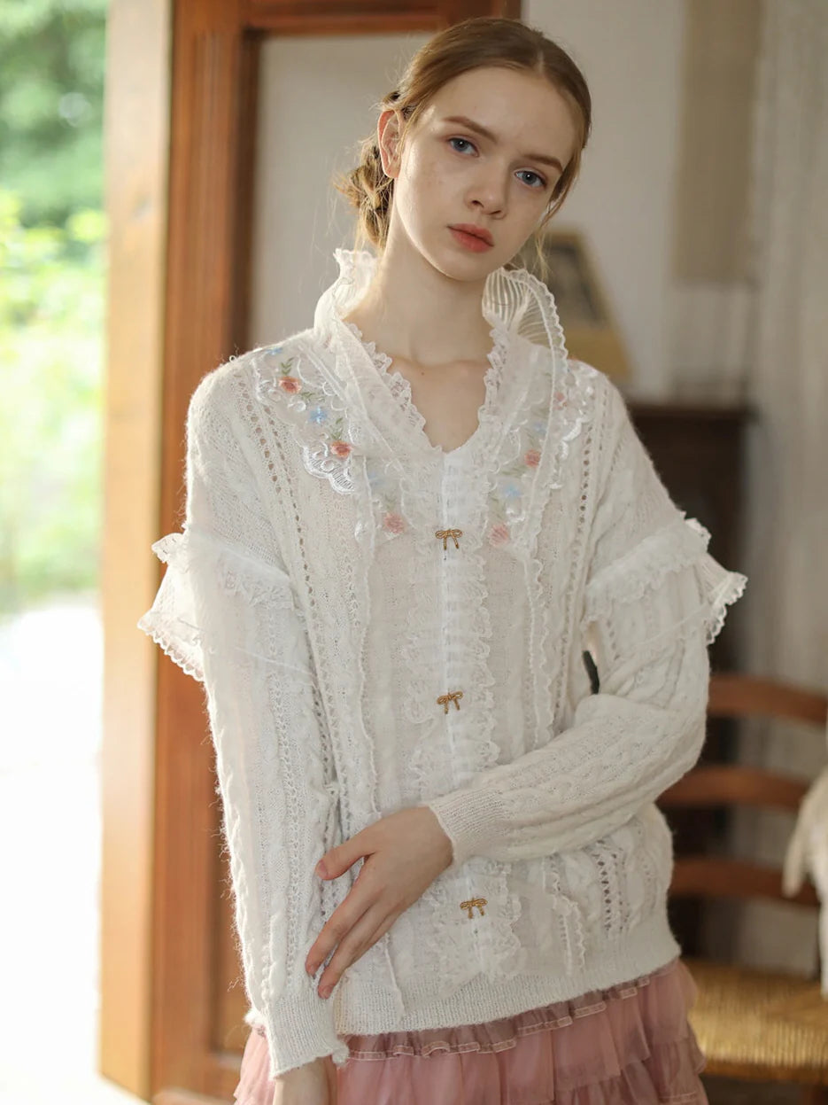 Romantic White Lace-Collared Blouse