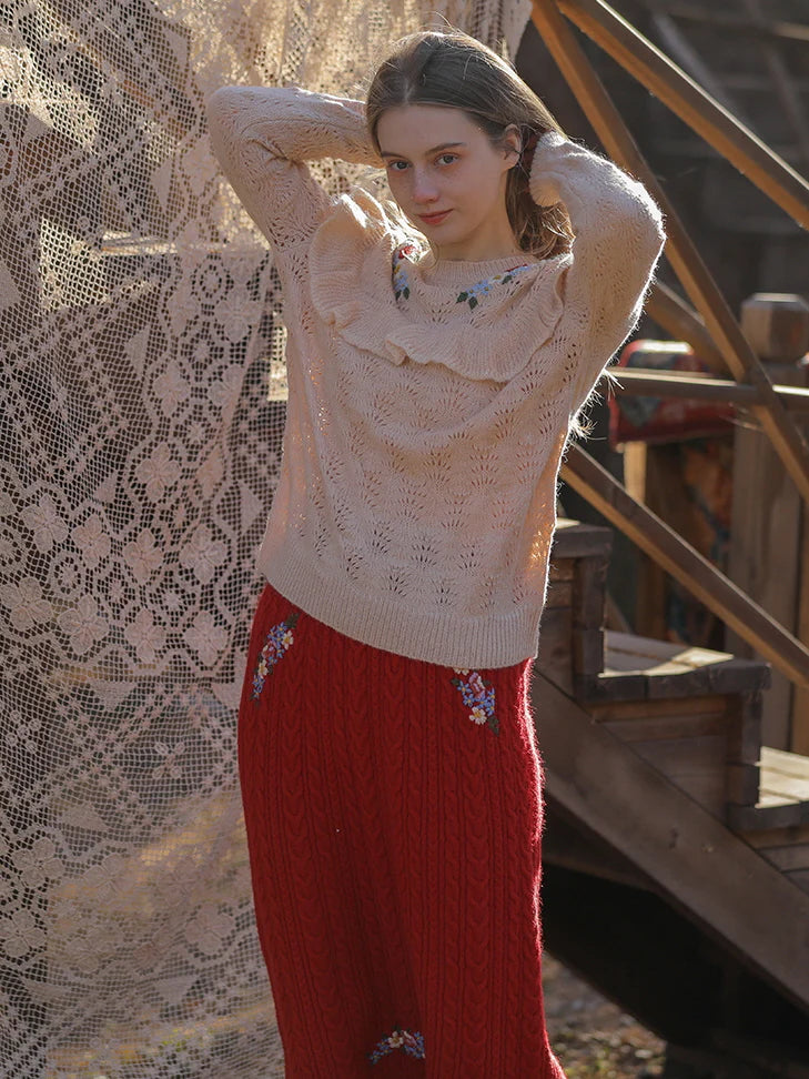 Floral Embroidered Ruffle Knit Sweater