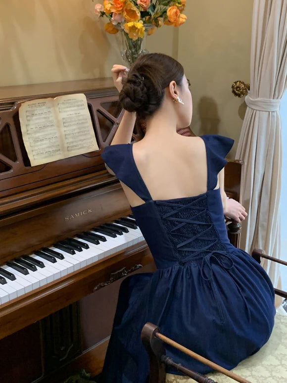 Navy Lace-Up Bodice Dress