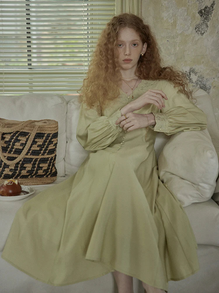 Vintage-Inspired Embroidered Buttoned Dress