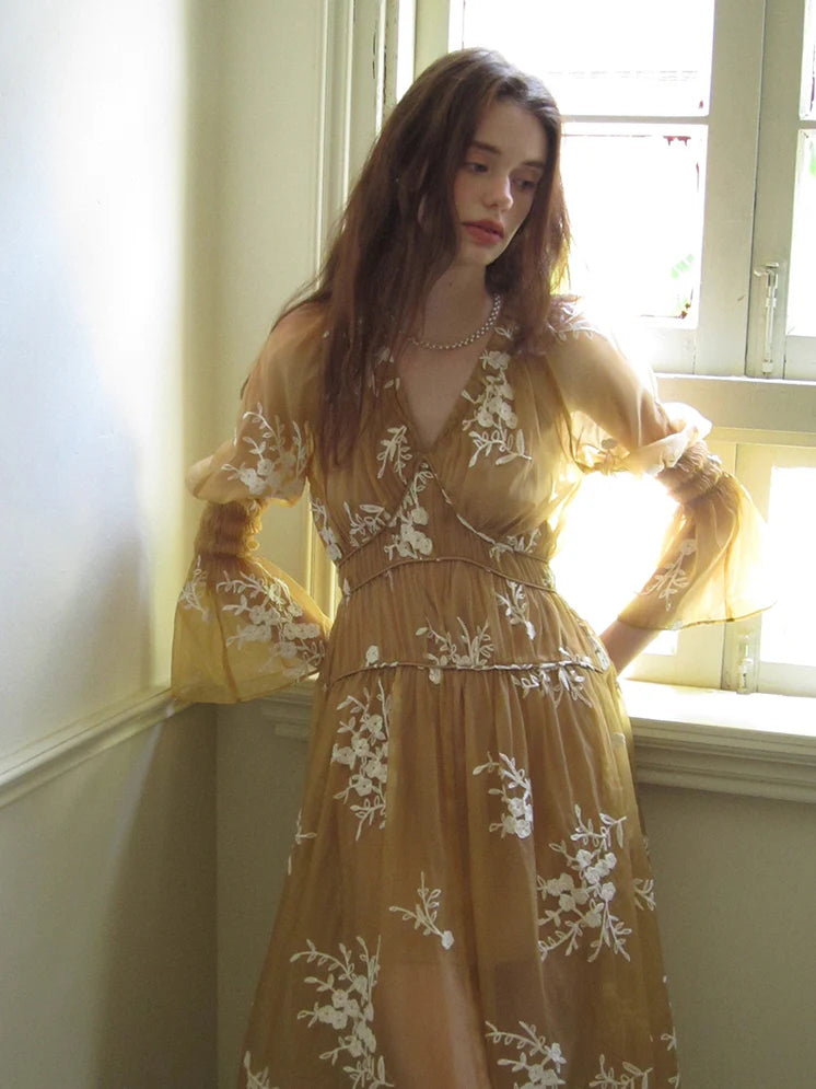Golden Bloom Embroidered Sheer Dress