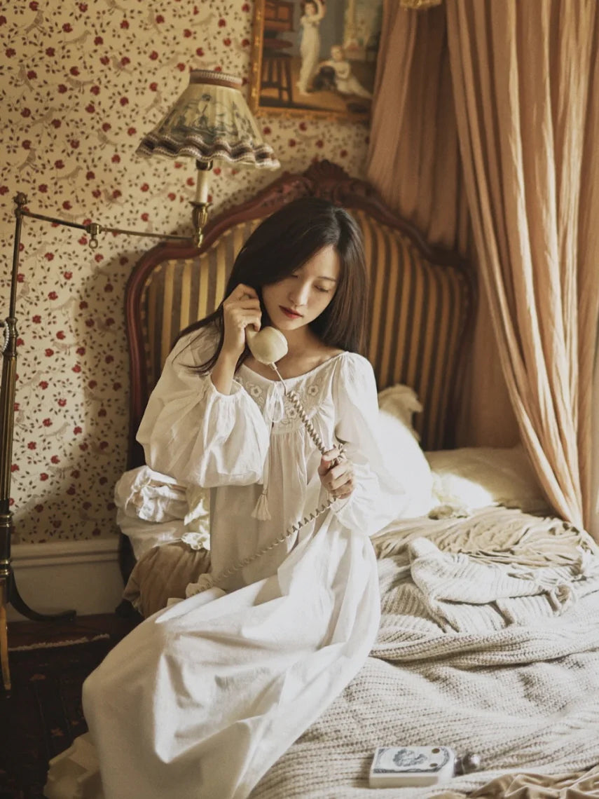 Blossom Embroidery White Cotton Nightgown