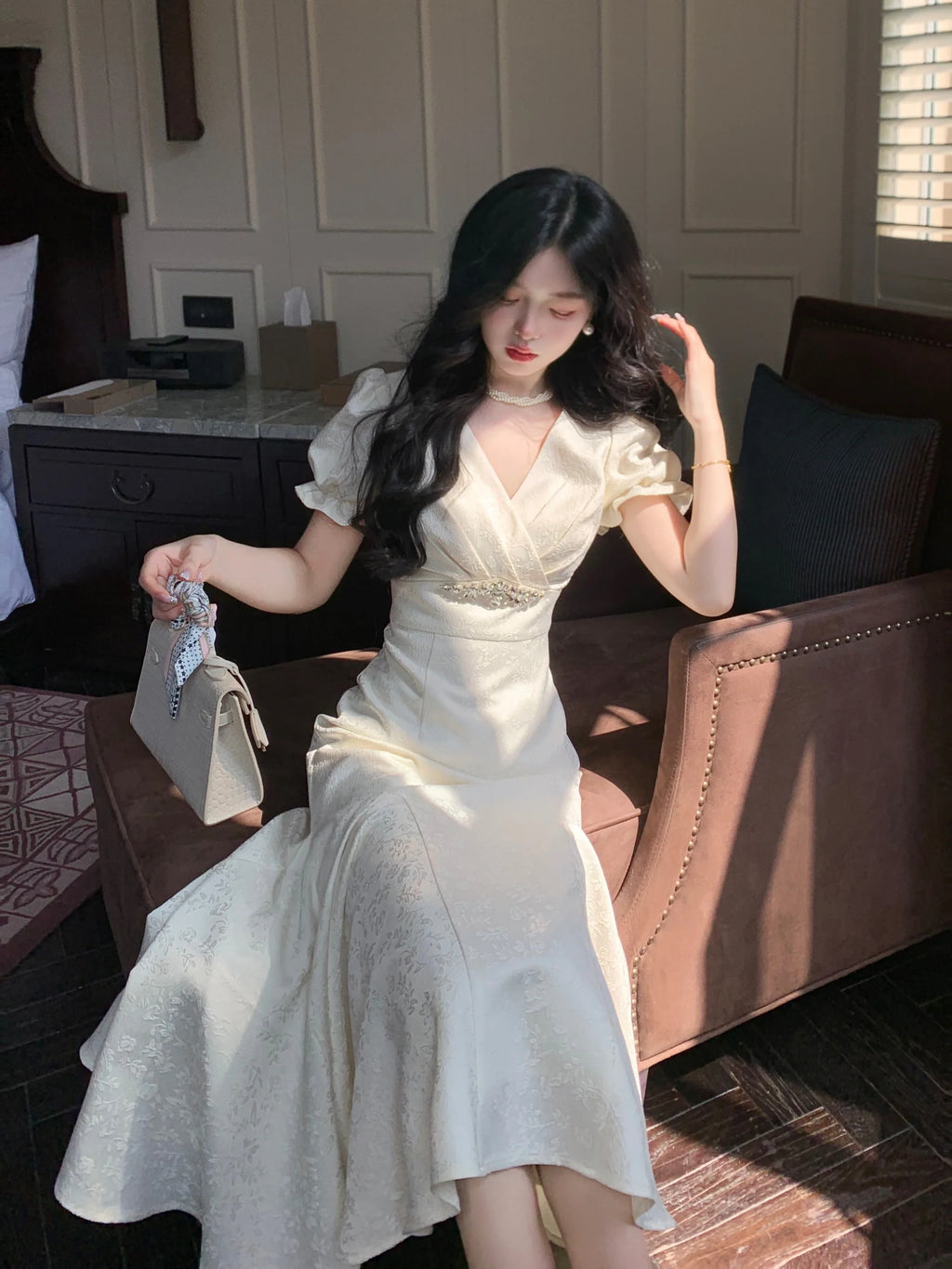 Cubic-Embellished Jacquard Princess Dress