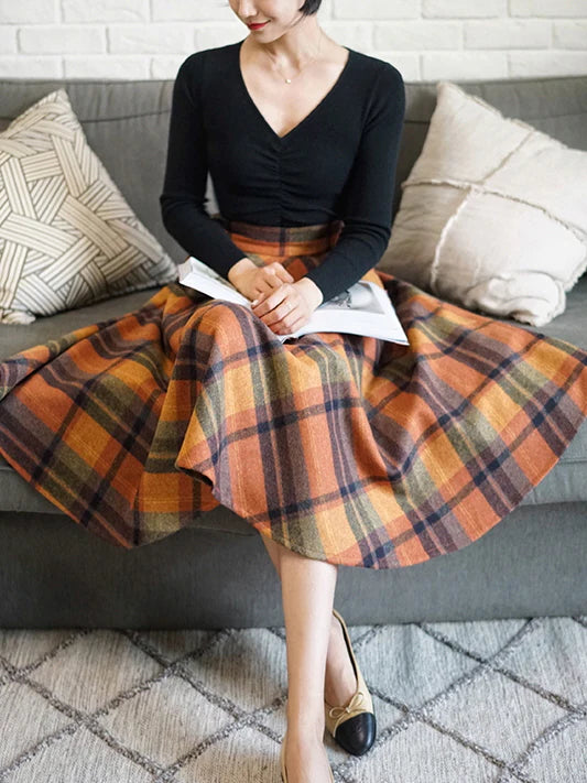 Vintage Autumn Wool Plaid Skirt